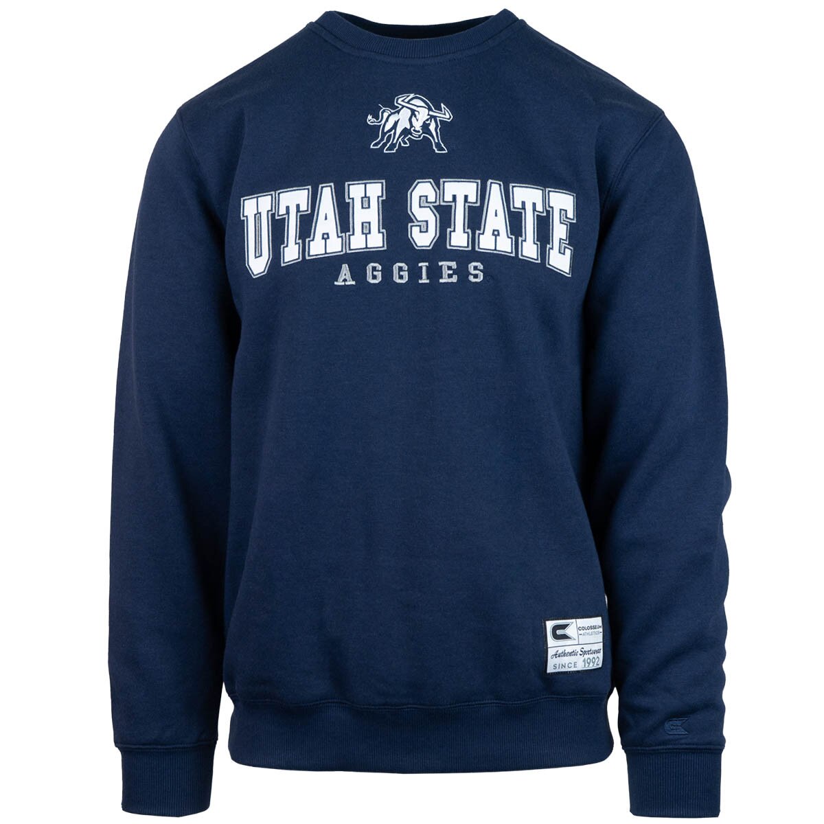 Men's Utah state aggies bull logo with colosseum patch navy crew sweatshirt